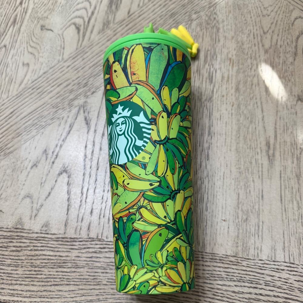 Starbucks Farm Rio Board Banana‎ Tumbler Reusable Green Lid Straw Topper 24oz